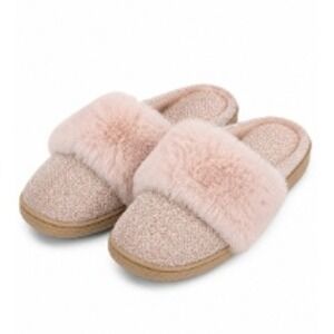 Isotoner Womens Pink Glitter Memory Foam Slippers Faux Fur Trim Size M 7.5-8